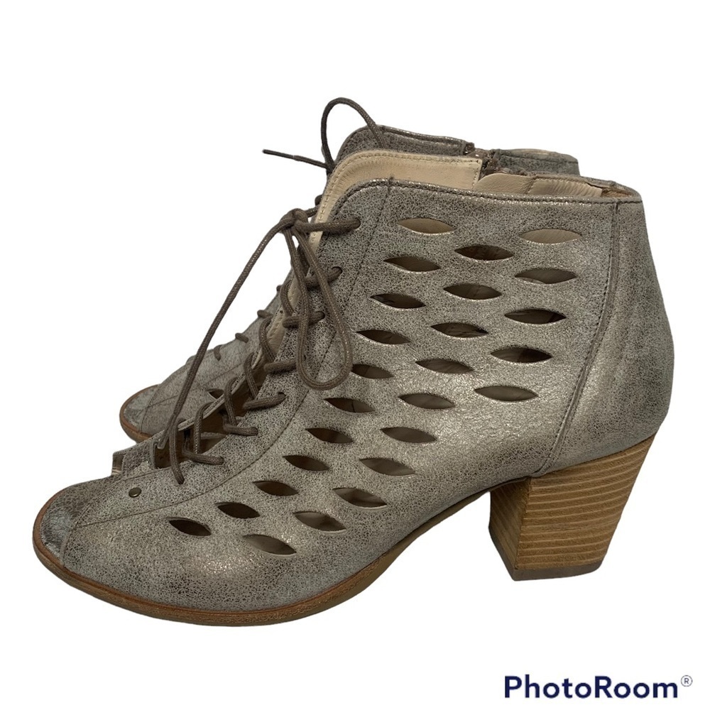 Paul Green Bali Lace Up Side Zip Laser Cut Metallic Leather Ankle Boots - Picture 3 of 16